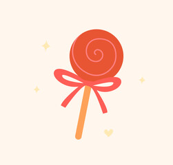 Cute illustration of a red lollipop on a stick with a pink bow. A great element for greeting cards, cards, invitations, social networks, stickers.