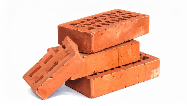 Three reddish-orange clay bricks stacked with one diagonally placed on top of two flat bricks, showing rough texture and wear.