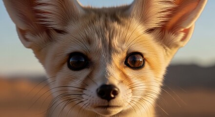 Obraz premium Close-up portrait of a curious fennec fox with large ears and expressive eyes in a natural desert setting