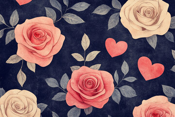 Romantic Valentine Day wallpaper with flowers heart petals trees gentle floral elements for celebration, generative ai