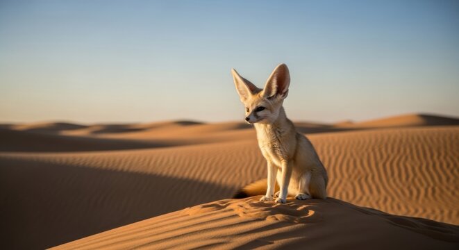 Fennec fox with enormous ears perched atop rippling desert sand dunes at sunset