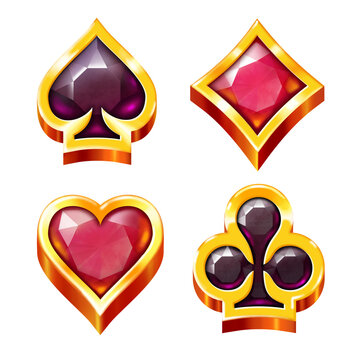Volumetric card suit isolated symbols, heart spades diamonds clubs with precious stones and gold borders for gambling, slots, and card games