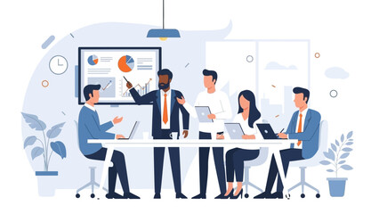 Business team collaborating on project with data presentation