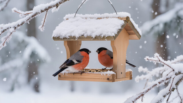 Christmas bullfinches sitting in wooden bird feeder covered with snow during snowfall. Peaceful winter forest wildlife scene.