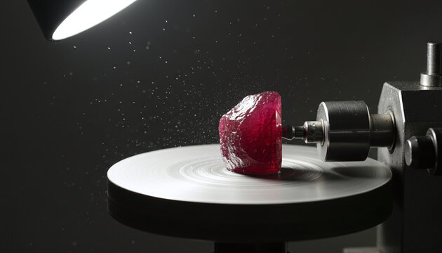 Ruby gemstone polishing on lapidary grinding wheel jewelry making process