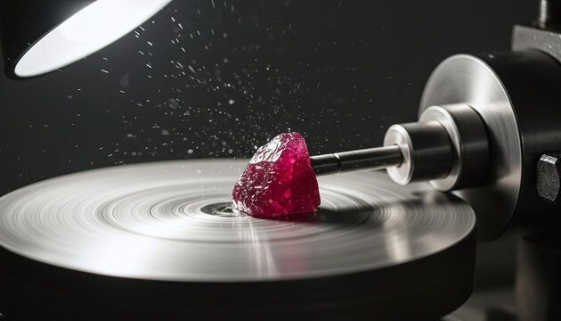Ruby gemstone polishing on lapidary grinding wheel jewelry making process