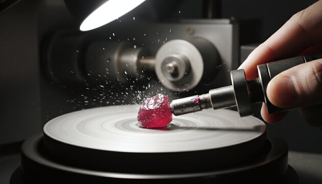 Ruby gemstone polishing on lapidary grinding wheel jewelry making process