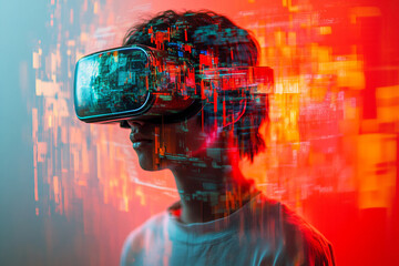 Generative AI glitch art of successful digital freelancer or businessman with distorted face and abstract technology effect