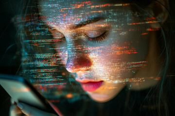 Generative AI glitch art of successful digital freelancer or businessman with distorted face and abstract technology effect