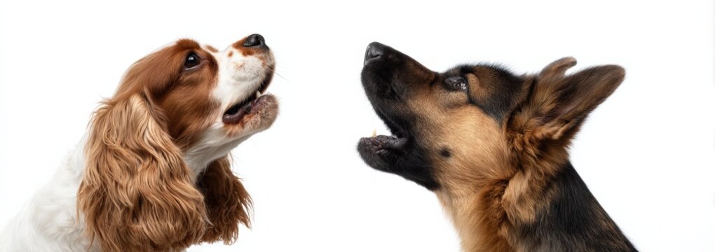 Two dogs facing each other: cocker spaniel and german shepherd interaction on white background
