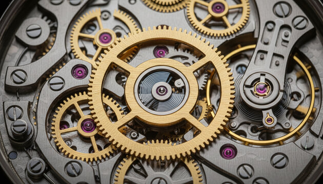 Luxury mechanical watch movement macro with gears and ruby bearings