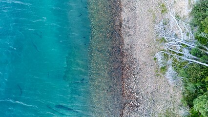 agua de un lago cristalina visto desde un drone