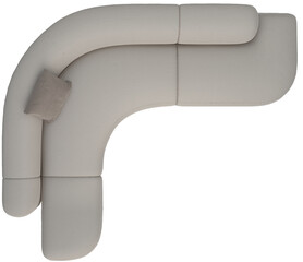 Top view of a modern L-shaped curved sectional sofa in cream upholstery with a minimalist...