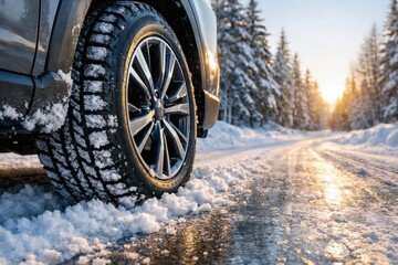 Close-up of a rugged winter tire gripping a snow-covered road at sunset, with snow on the tire and pine trees lining the road. Evokes winter travel, adventure, and vehicle readiness.