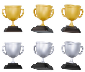 3D Trophy Cups Set &ndash; Gold and Silver Awards for Achievement, Winner, and Success Concept /성과와 우승을 상징하는 골드&middot;실버 트로피 3D 일러스트 세트
