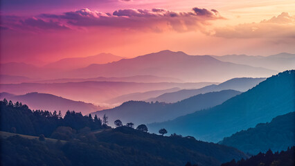 Obraz premium A serene mountain landscape with a vibrant sunset in the background