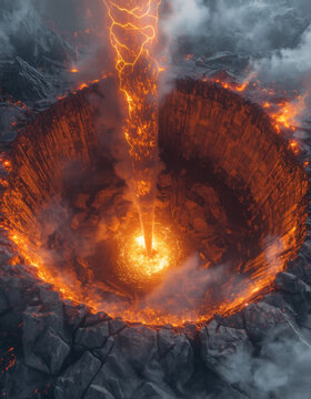 Vertical High-Angle Photograph of a Gargantuan Magma Beam Striking a Perfectly Circular Crater (generative ai)