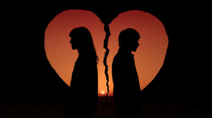 Silhouette couple back to back heart broken sunset separation sadness