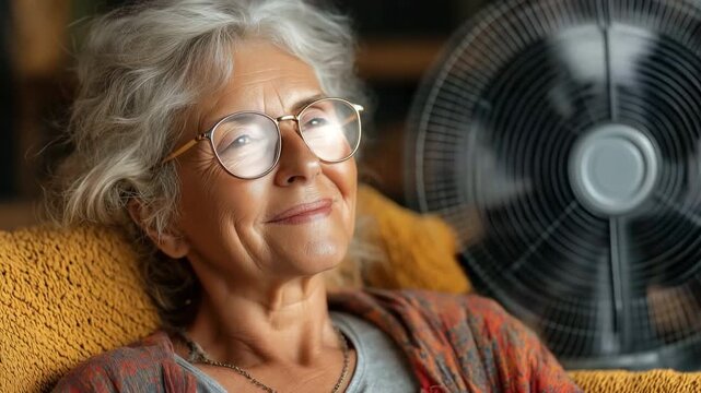 Due to the summer heat, an elderly woman uses a fan to cool her home. During a heat wave, she points an electric fan to her face to enjoy cool air.
