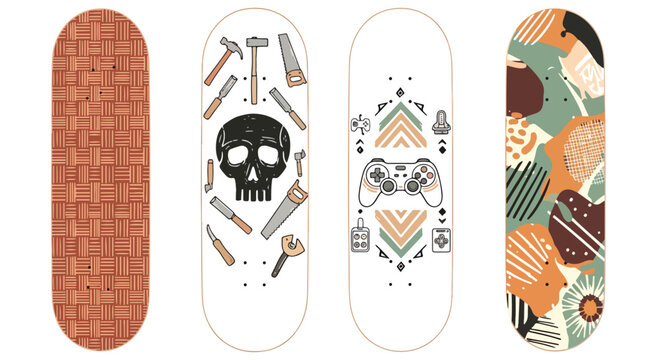 Four skateboard decks with unique designs on white background
