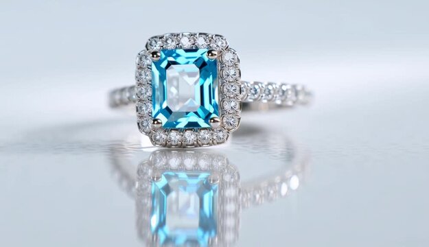 Elegant aquamarine engagement ring with emerald-cut blue topaz center stone surrounded by diamond halo, white gold or platinum pave band

