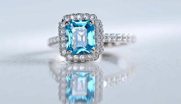Elegant aquamarine engagement ring with emerald-cut blue topaz center stone surrounded by diamond halo, white gold or platinum pave band
