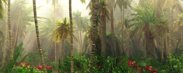 Jungle in the fog, palm trees in the morning, haze in the jungle, palm trees in the haze, 3D rendering