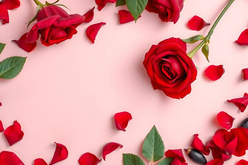 A vibrant flat lay of crimson roses and scattered petals against a soft pink background