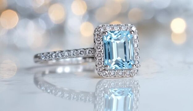 Elegant aquamarine engagement ring with emerald-cut blue topaz center stone surrounded by diamond halo, white gold or platinum pave band
