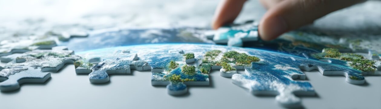 A hand places a puzzle piece depicting Earth, connection and the intricate beauty of our planet, global trade, complexity, interdependence