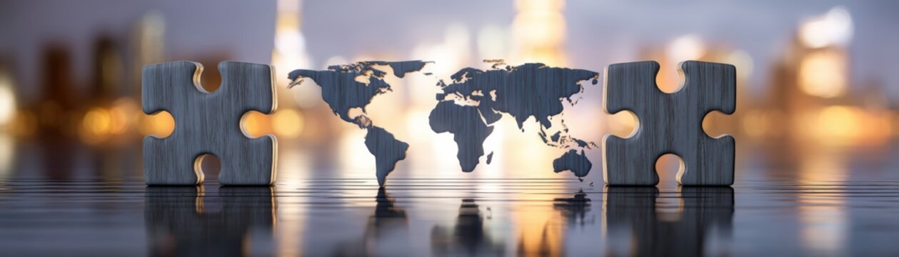 A puzzle piece with a world map design, set against a blurred city skyline, global connectivity and collaboration, global trade, complexity, interdependence