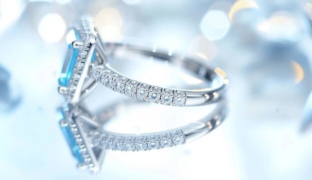 Elegant aquamarine engagement ring with emerald-cut blue topaz center stone surrounded by diamond halo, white gold or platinum pave band
