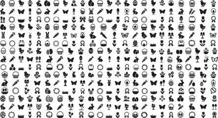 Fototapeta premium Easter icons collection with eggs butterflies bunnies and baskets on white background