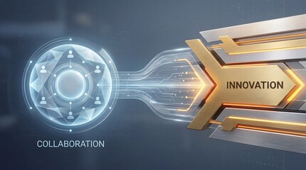 A futuristic illustration of collaboration and innovation in a digital workspace