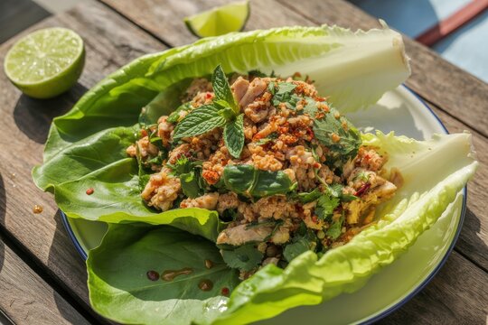 Thai larb salad in lettuce wraps on wooden table with lime