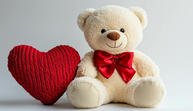 cute cream-colored plush teddy bear with a bright red satin bow around its neck, sitting next to a red knitted heart-shaped cushion on the left side, clean white background