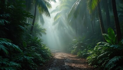 Fototapeta premium Sun rays pierce jungle mist on a lush green forest path lined with palm trees and dense vegetation. Dirt road leads through tropical rainforest with rich plants and foliage, nature mystery unfolds.