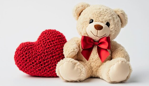 cute cream-colored plush teddy bear with a bright red satin bow around its neck, sitting next to a red knitted heart-shaped cushion on the left side, clean white background