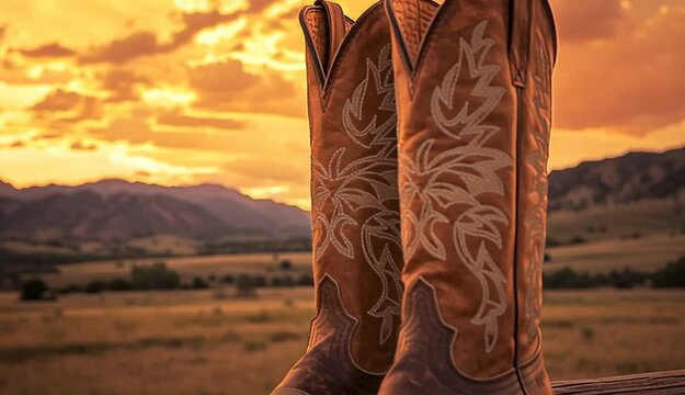 brown leather cowboy boots with decorative stitching on tall shafts, two-tone design with dark brown foot and lighter brown upper shafts, standing on weathered wooden surface
