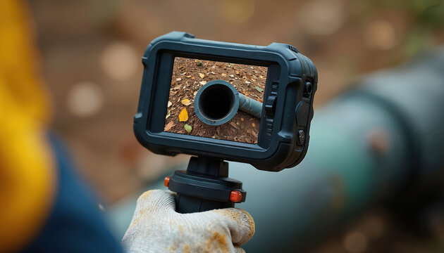 Worker uses inspection camera to check underground pipe condition. Device shows interior of conduit for maintenance or repair. Tech helps analyze sewer, water, or gas line problems outdoors.