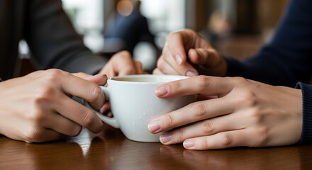 Close-up of two people holding a cup of coffee together symbolizing connection