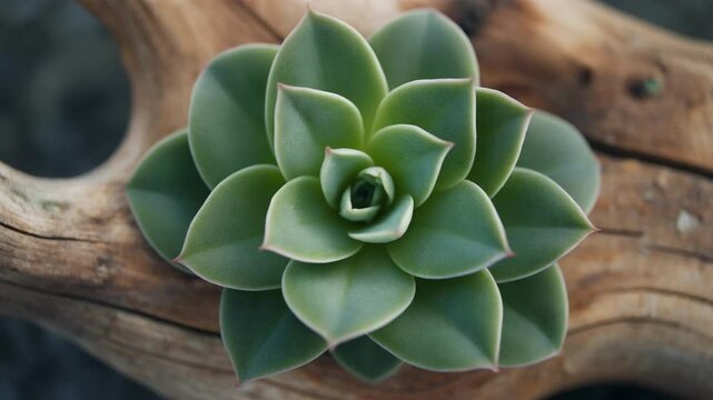 Closeup of a vibrant green succulent plant nestled on a piece of natural driftwood showcasing its intricate rosette pattern and earthy tones.