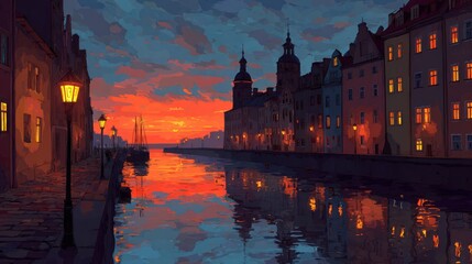 Fototapeta premium Scenic illustration of a European canal town at twilight. Beautiful sunset reflecting on water