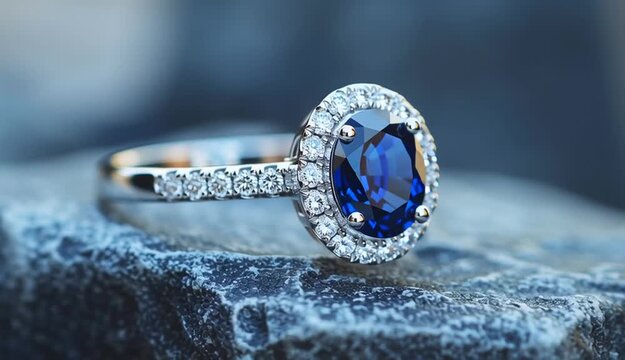 Professional studio macro photograph of an elegant engagement ring with large oval deep blue sapphire center stone surrounded by halo of small round brilliant diamonds