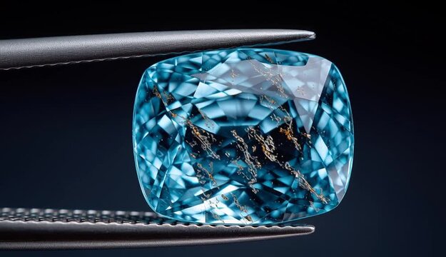 faceted aquamarine gemstone held by precision tweezers, light blue transparent crystal with natural inclusions visible inside, cushion cut or oval shape, dark black background
