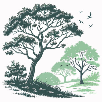 Detailed engraving style illustration of a large pine tree with smaller trees and birds in a natural landscape