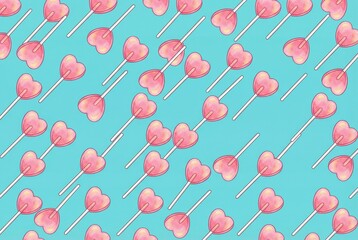 Pink heart shaped lollipops on blue background.