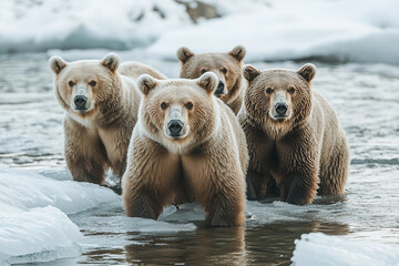 Obraz premium Generative AI image of four brown bears emerging together near frozen water after hibernation in snowy winter landscape