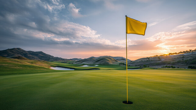 Scenic landscape of a professional golf course at sunset with a yellow flag in the foreground and rolling green hills in the distance.