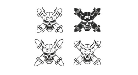 Skull and skateboard logos with video game controller and horns